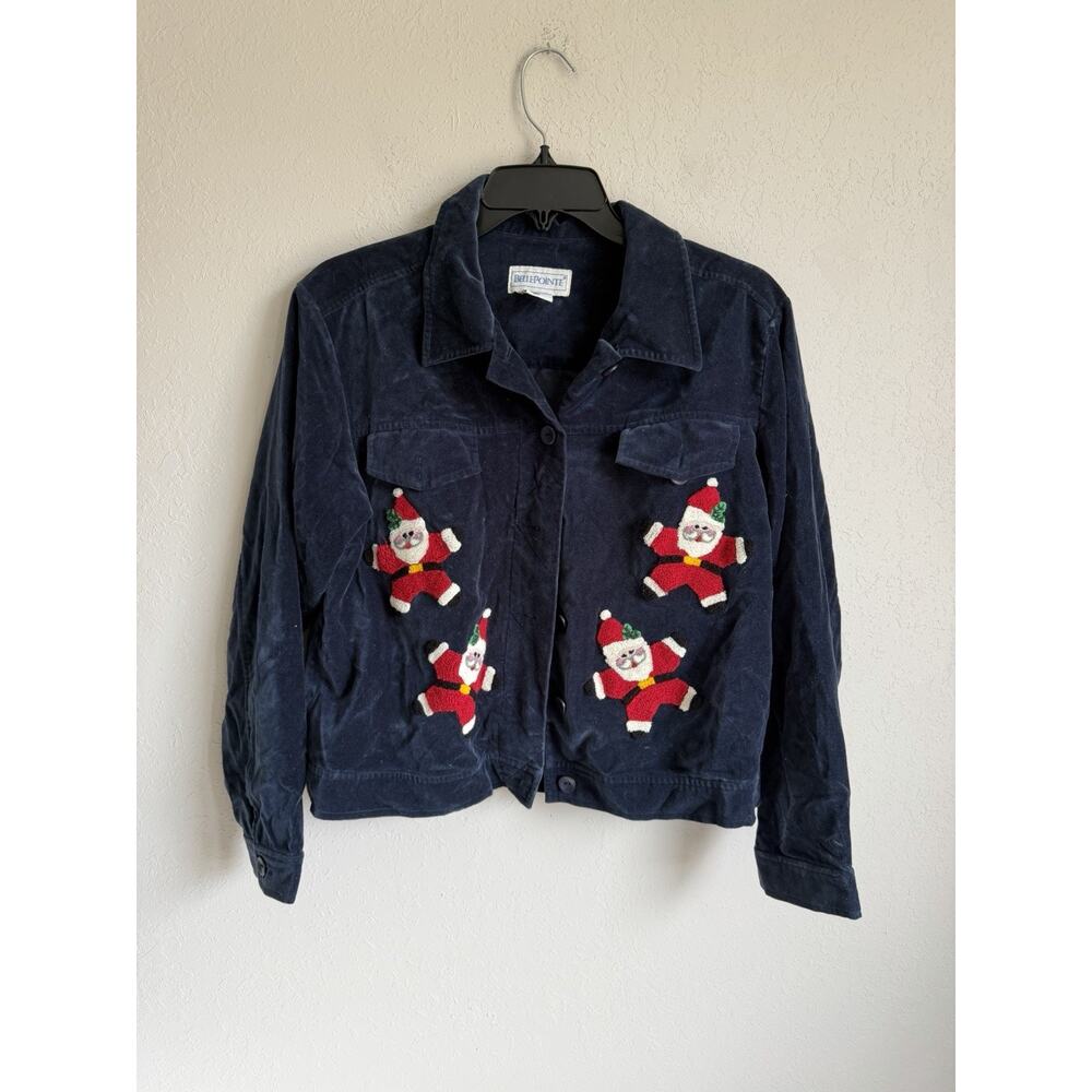 Bellepointe Navy Velveteen Embroidered Santa Button Up Blouse Womens S Christmas
